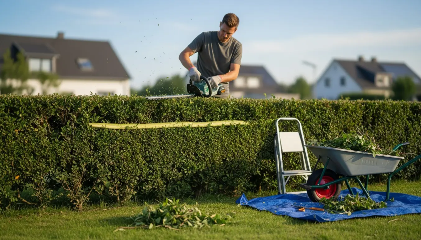 En havearbejder klipper en hæk med en elektrisk hækklipper, hækkeklippede grene samlet i en bunke.