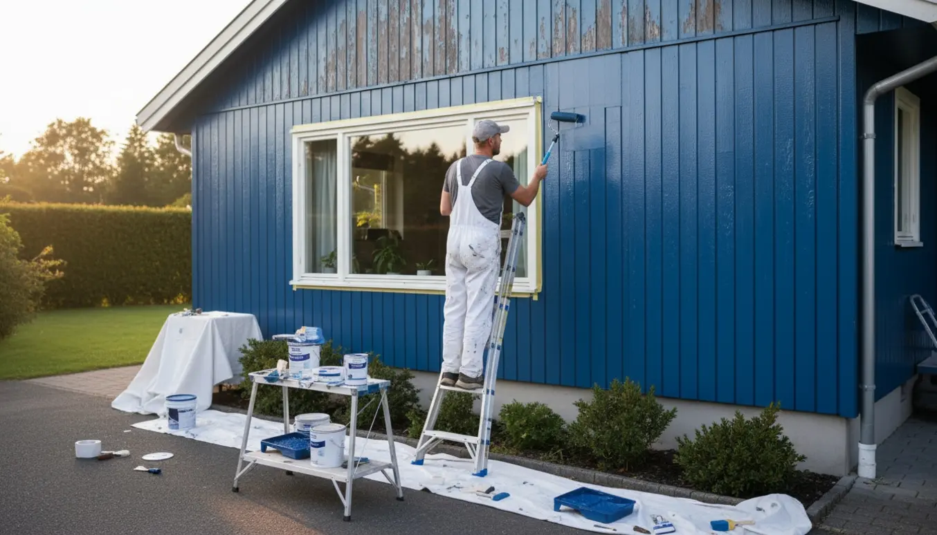 Udvendig malerarbejde på parcelhus med nymalede facadepaneler, maler på stige og malerudstyr i forgrunden.