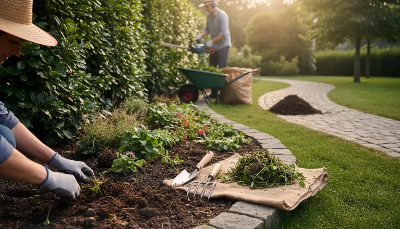 Gartner fjerner ukrudt i et bed og klipper en bøgehæk, mens afklip samles i en trillebør.