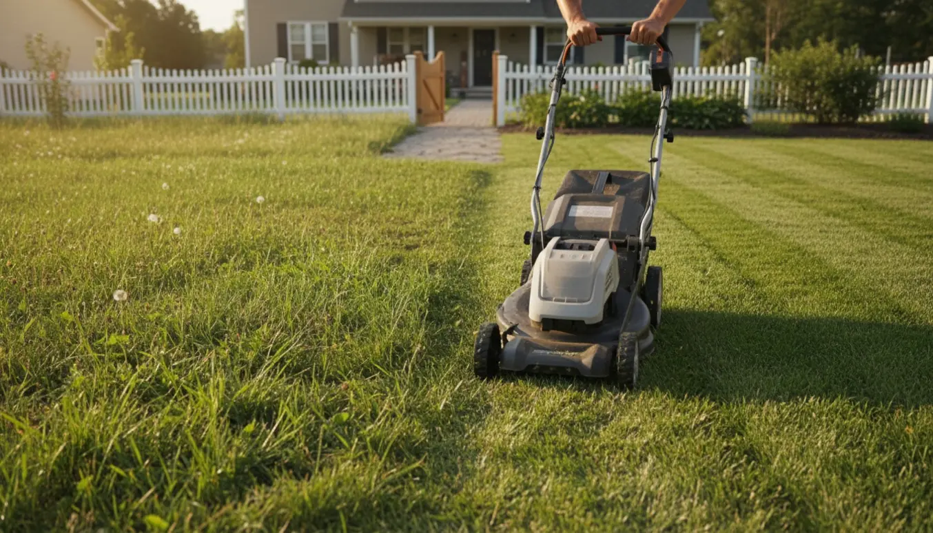 Elektrisk plæneklipper skærer en for- og bagplæne med tydelige nyklippede striber og græsrester.