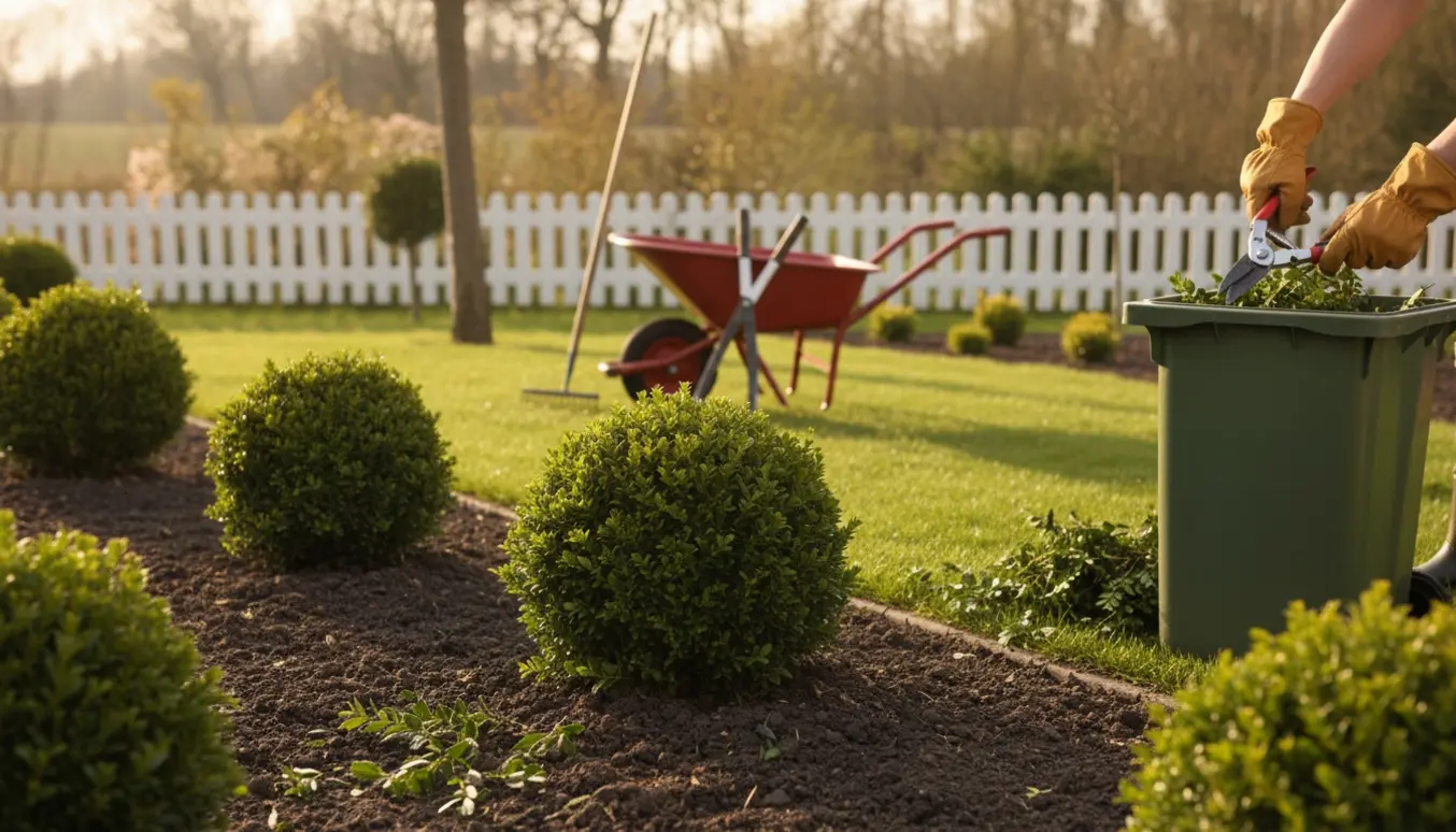 Person beskærer buske i tre-fire velplejede bede med haveredskaber og en rullende haveaffaldscontainer.
