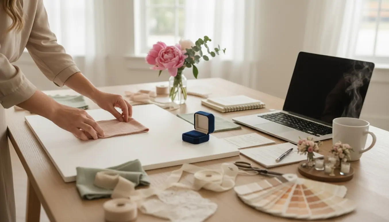 Hænder arrangerer bryllupsplanlægningsmaterialer på et bord med stofprøver, blomster og laptop i varmt dagslys.