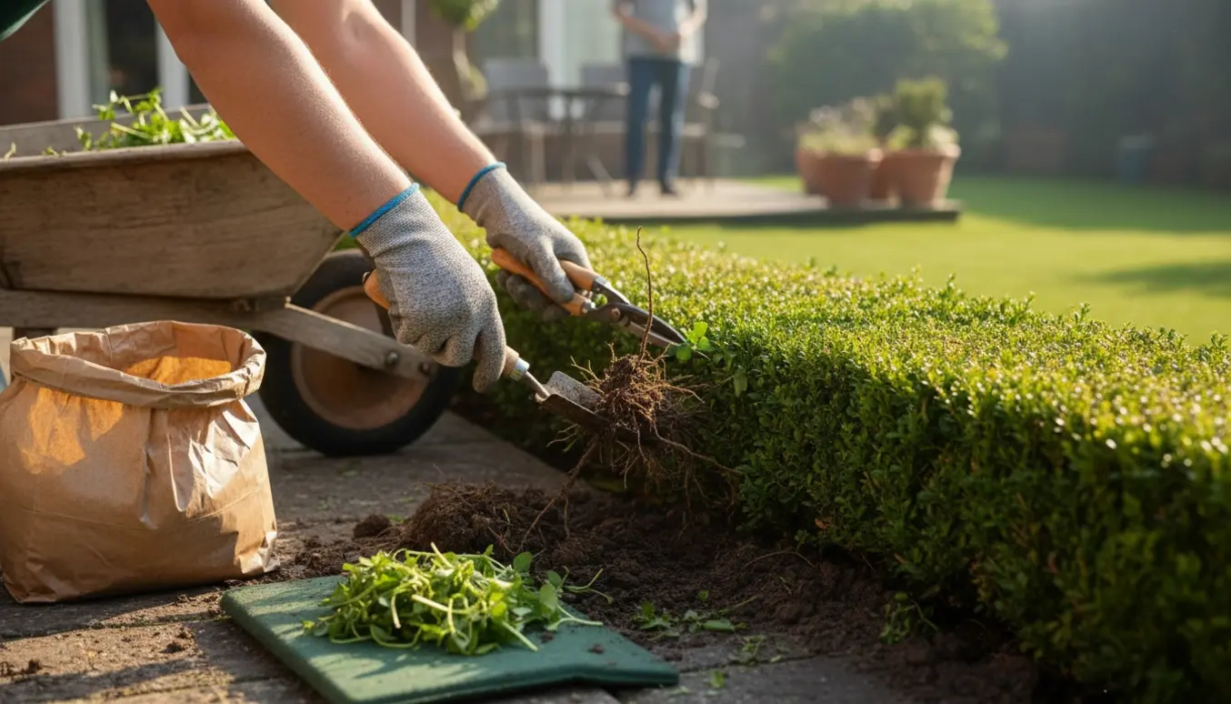 Nærbillede af hænder i handsker, der luger ukrudt og klipper en lille hæk i en velholdt have.