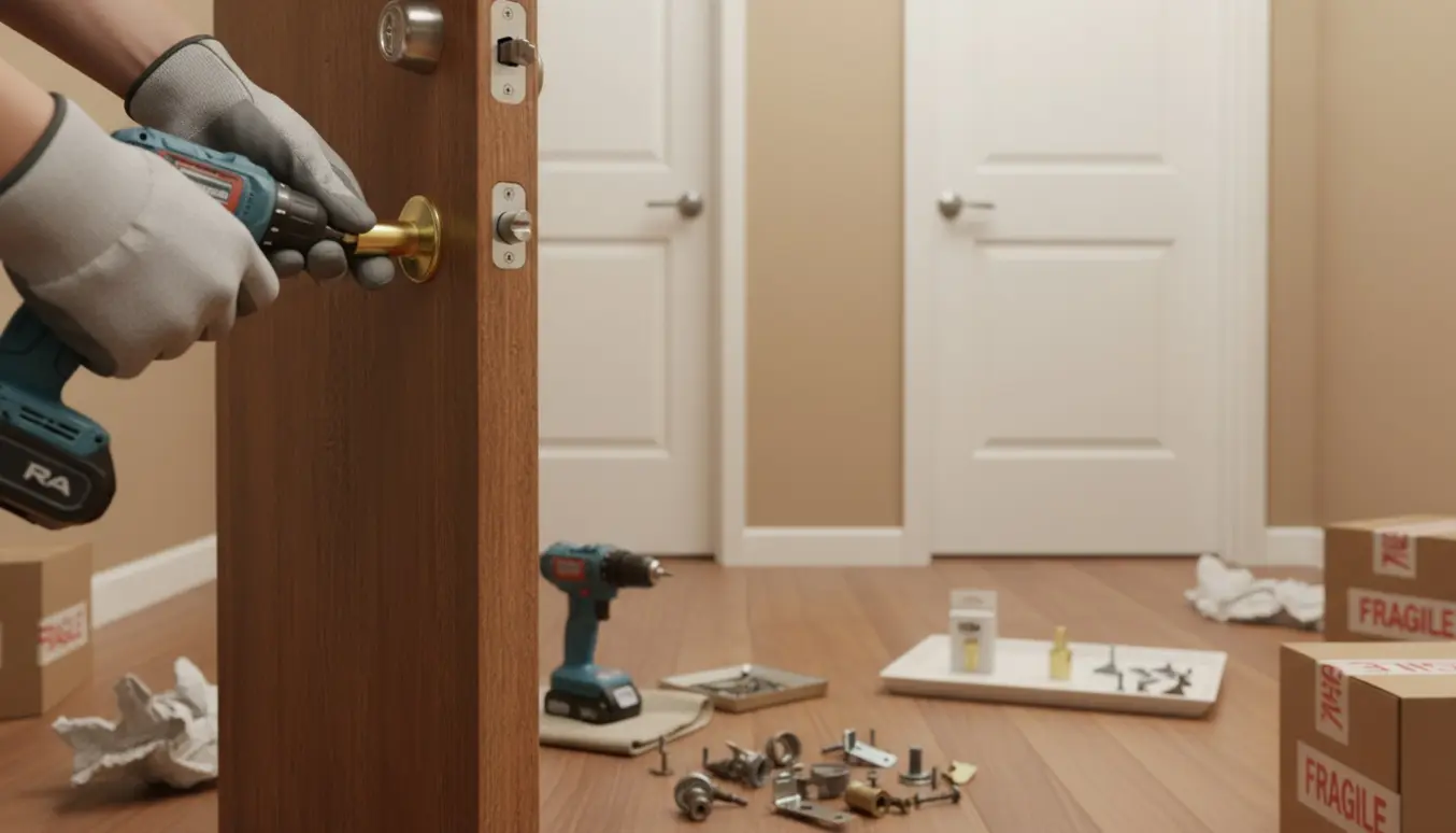 HÊnder udskifter en lÄsecylinder i en lejlighedsdÞr med to andre lÄse og en flyttekasse i baggrunden.