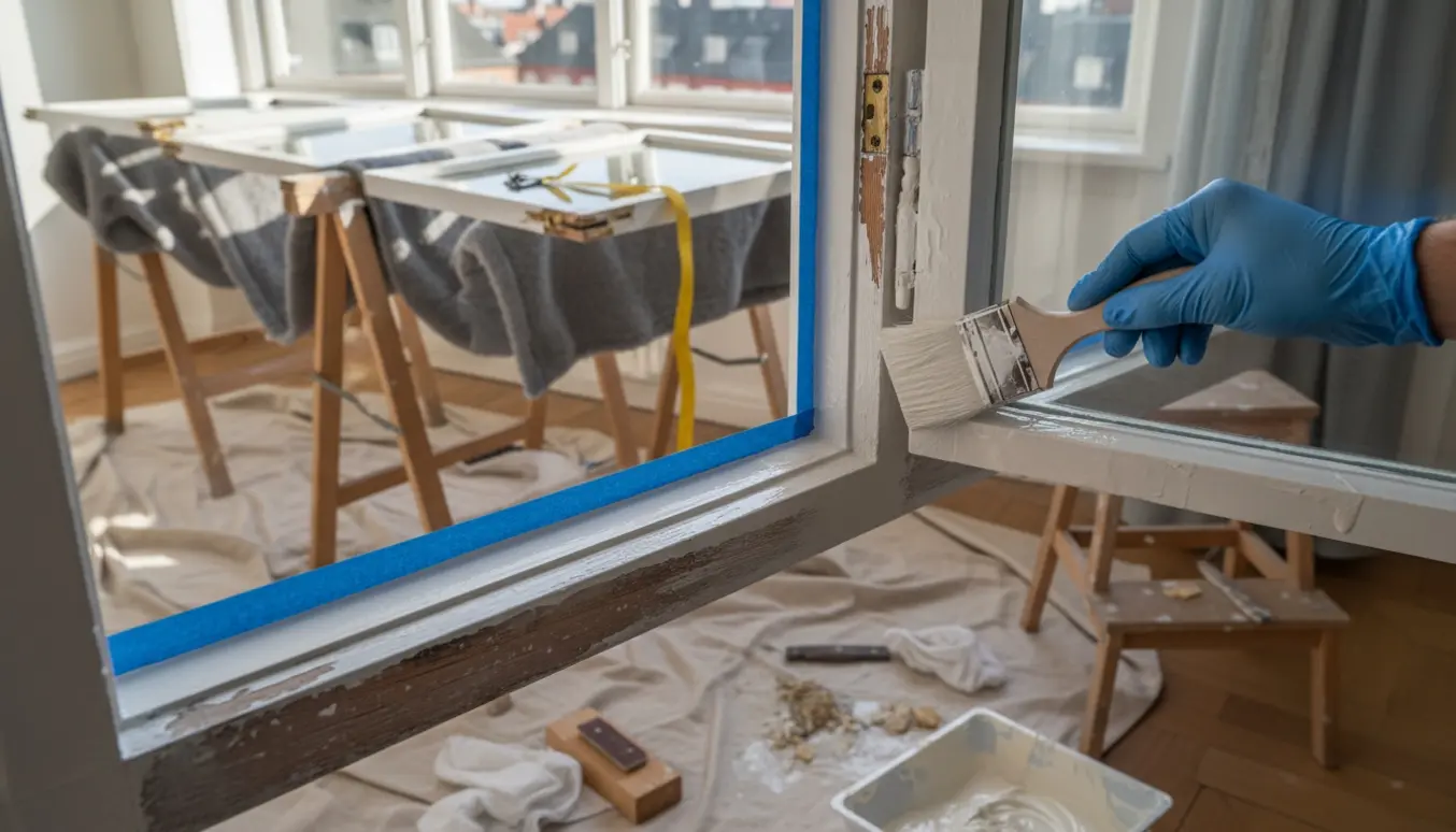 En hånd maler en indvendig Dannebrog-vinduesramme, med afmonterede ruder og værktøj lagt sikkert på polstrede bukke.