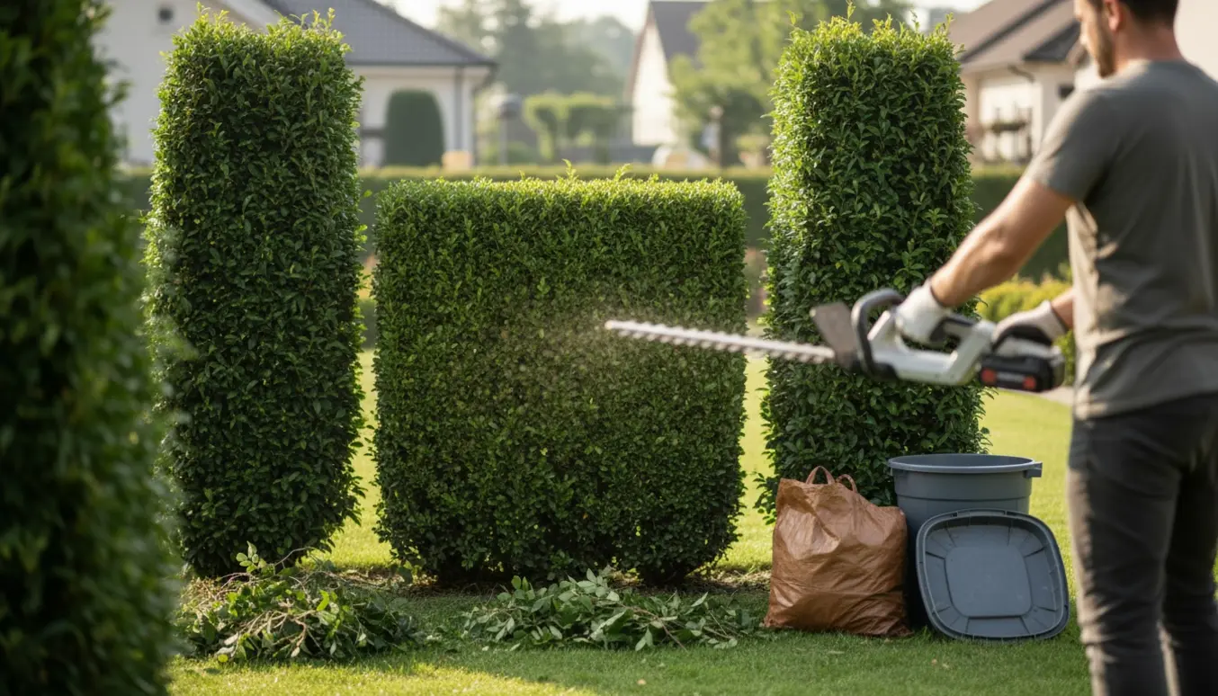 Person klipper tre hække med en batteridrevet hækkeklipper, afklip ligger samlet ved en container i haven.