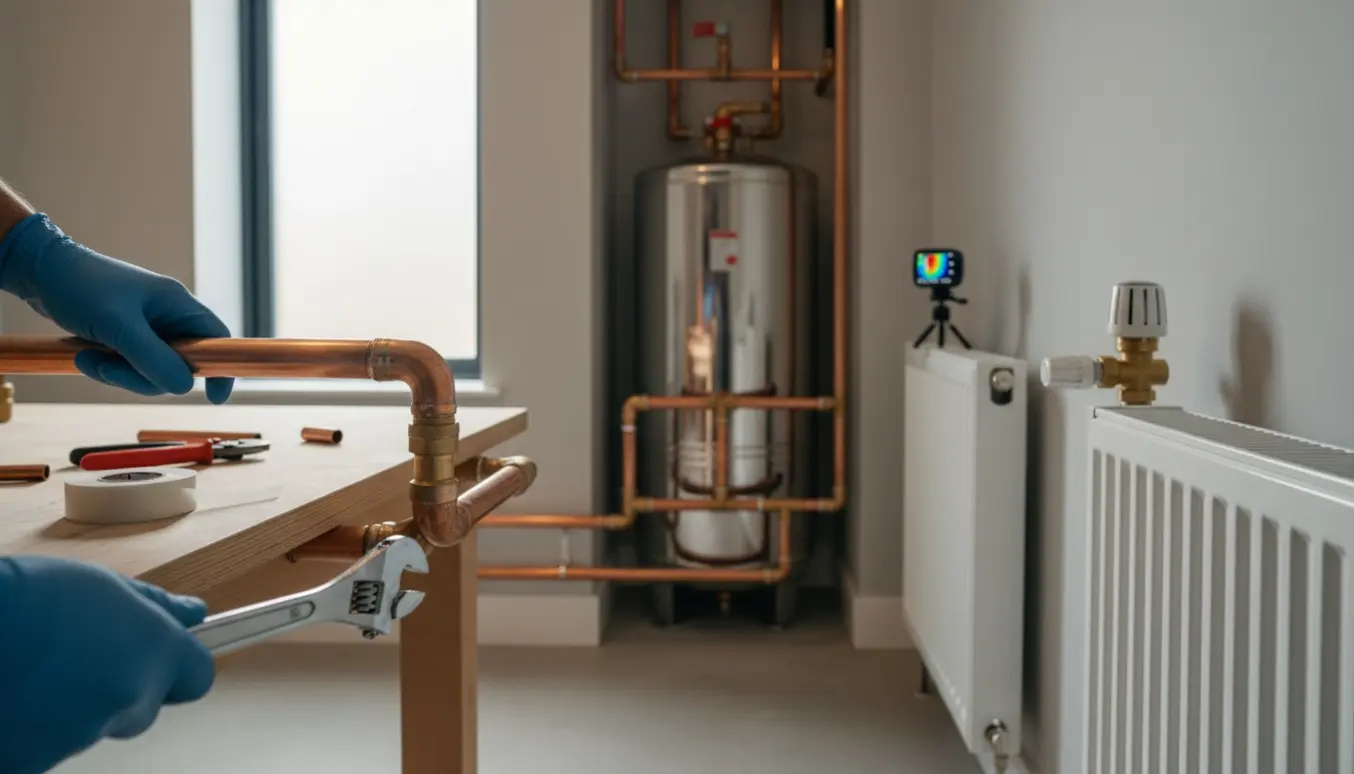 Håndværker monterer ny varmtvandsbeholder og sætter en smart radiatortermostat på en radiator i et teknikrum.