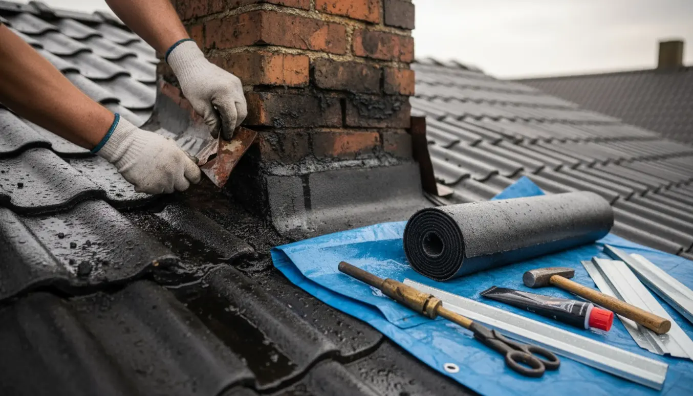 Nærbillede af udskiftning af tagindækning omkring en skorsten med tagpap og værktøj på et vådt tag.