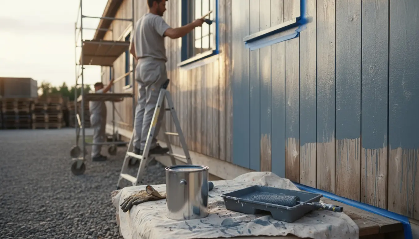 En maler på en stige maler ydersiden af en træ-lagerhal med våd maling og værktøj i forgrunden.