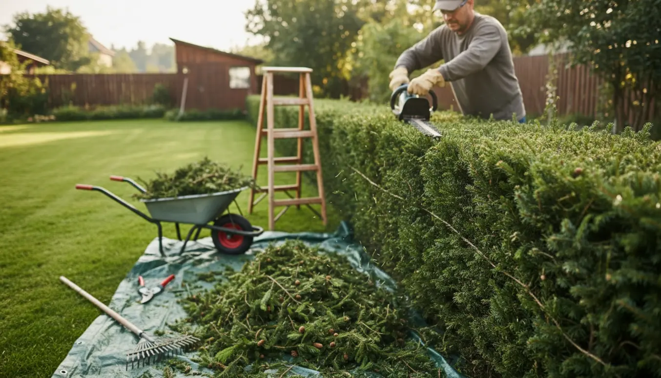 Person trimmer en tæt granhæk i en solrig villahave med hækkeklipper og en bunke afklippede grene.