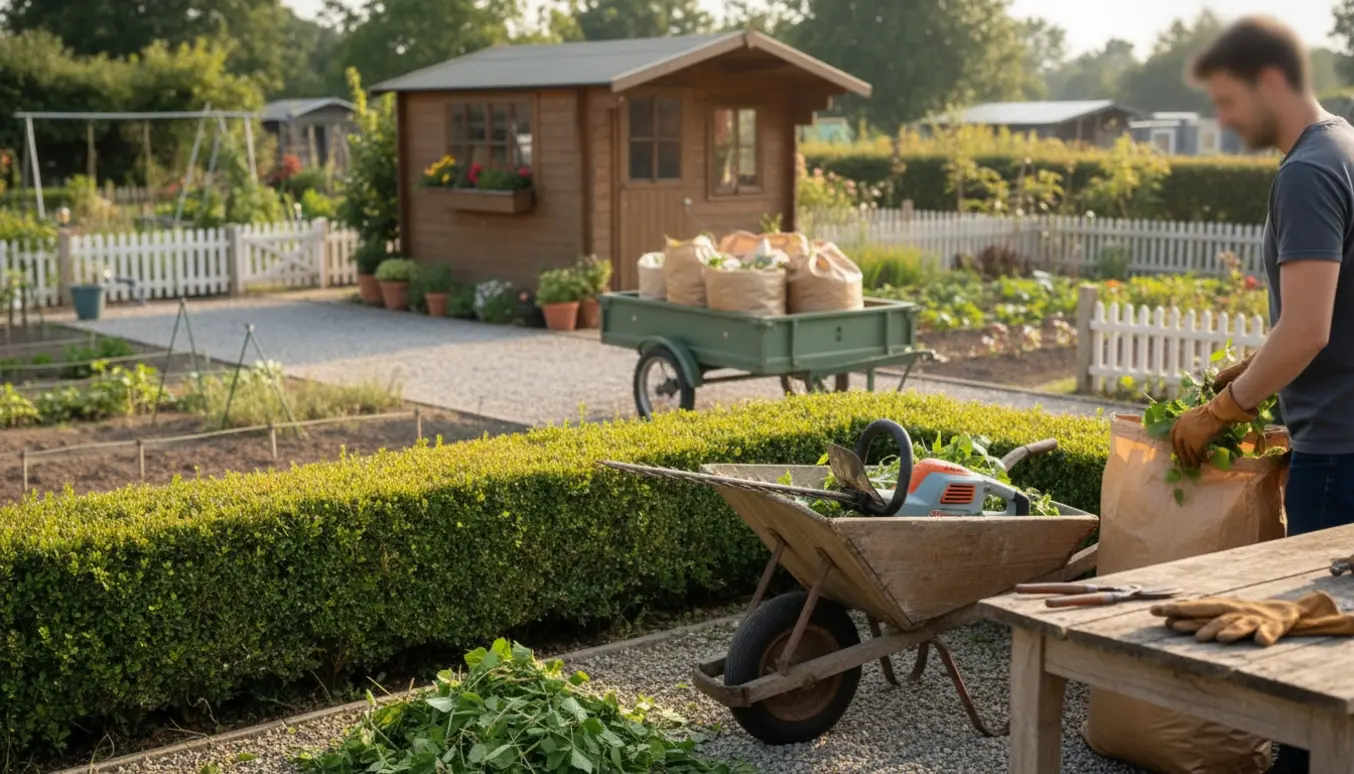 Frisk nyklippet hæk i en kolonihave med trillebør og poser fyldt med grønt affald klar til bortkørsel.
