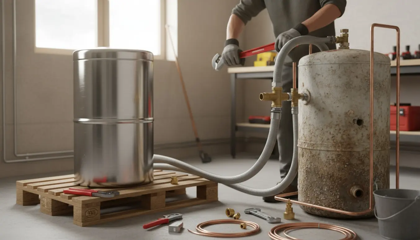 Hænder fra en VVS-installatør udskifter en varmtvandsbeholder i et teknisk rum med fjernvarmerør og værktøj.