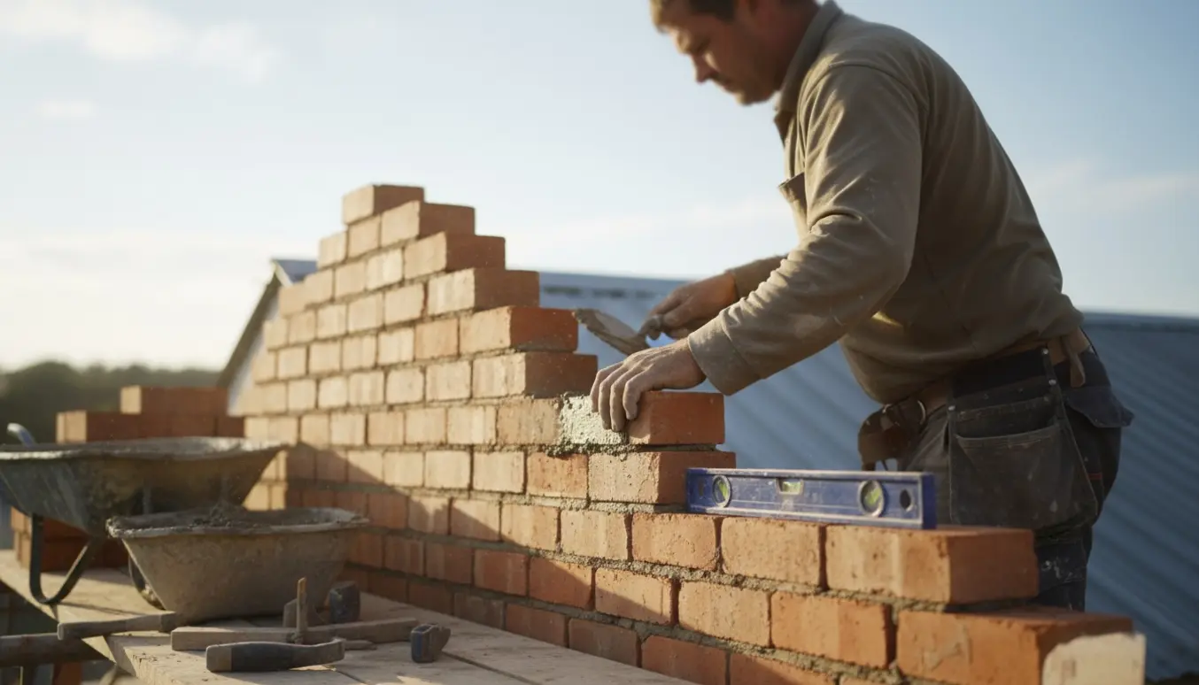 Murer bygger den øverste del af en værkstedsgavl med mursten og mørtel på stillads.