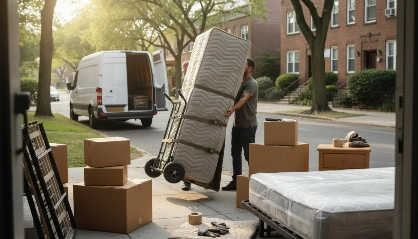 Flyttefolk læsser et tæppeindpakket skab og stabler flyttekasser ved en hvid flyttebil.