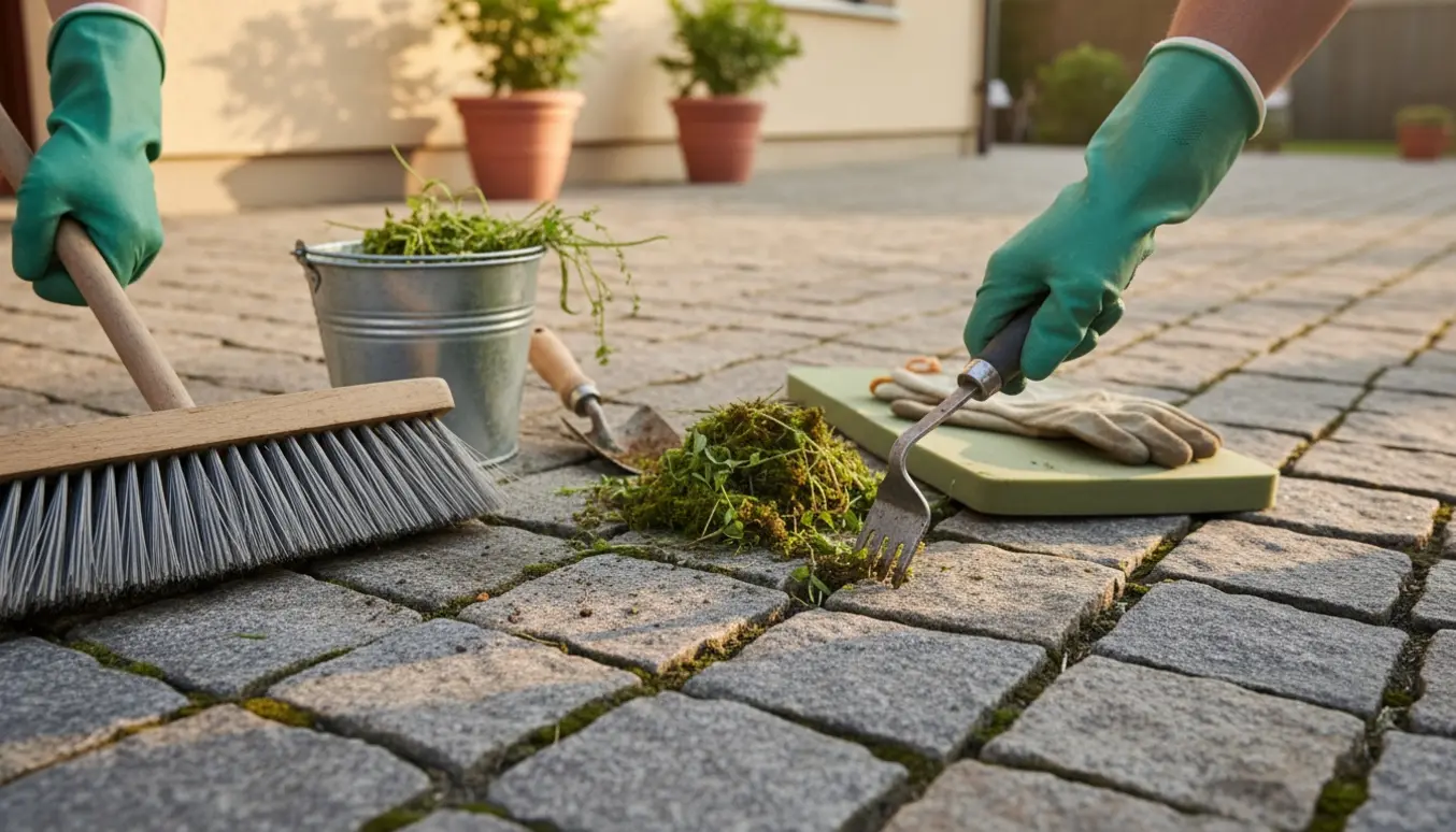 Hænder fjerner ukrudt mellem fliserne og fejer en fliseterrasse ved husfacaden.