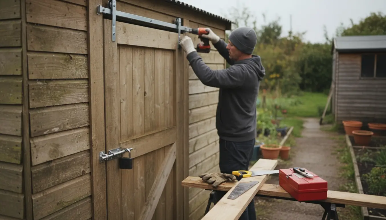 Delvist monteret skydedør på et kolonihaveskur med handskerede hænder, værktøj og hængelås.