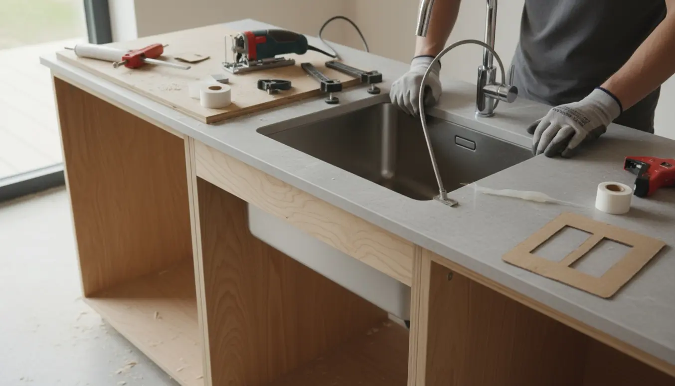 Nyt køkkenbord med nedfældet vask og håndværkerhænders værktøj i et lyst køkken.