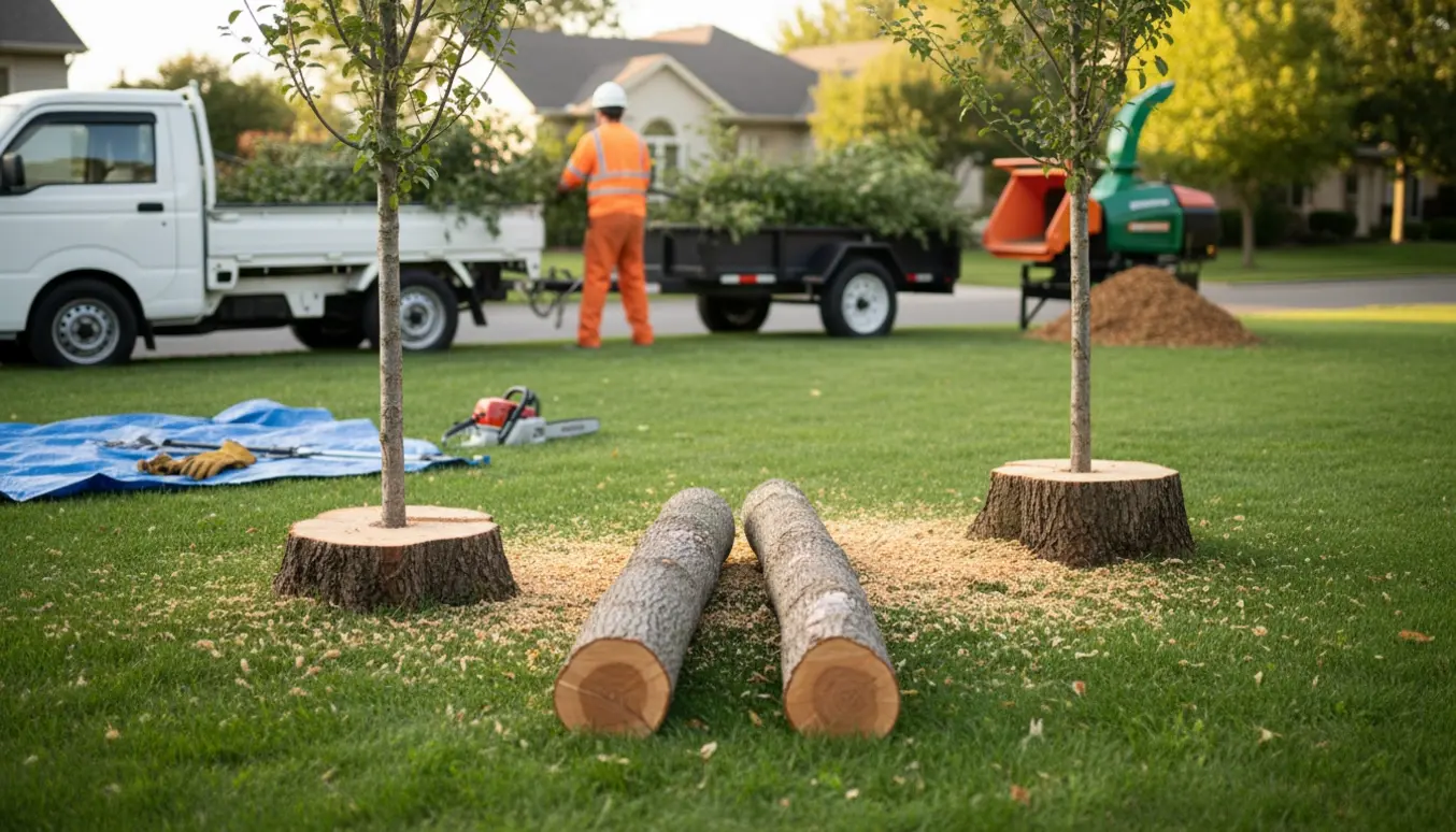 To fældede træer og grene læsses i en trailer i en forhave, mens arbejdshjelm og motorsav ligger på græsset.