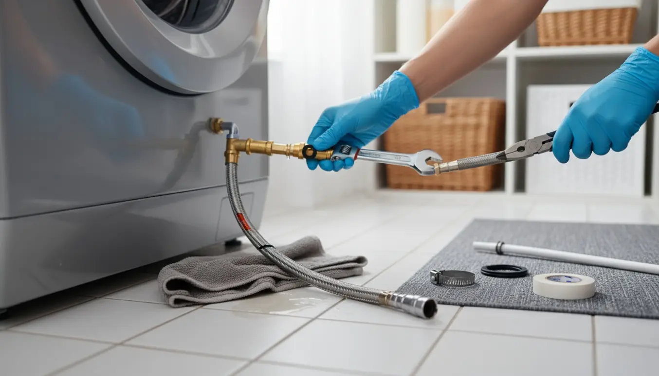 Nært foto af hænder, der udskifter en flækket tilslutningsslange på en frontbetjent vaskemaskine med værktøj og reservedele.