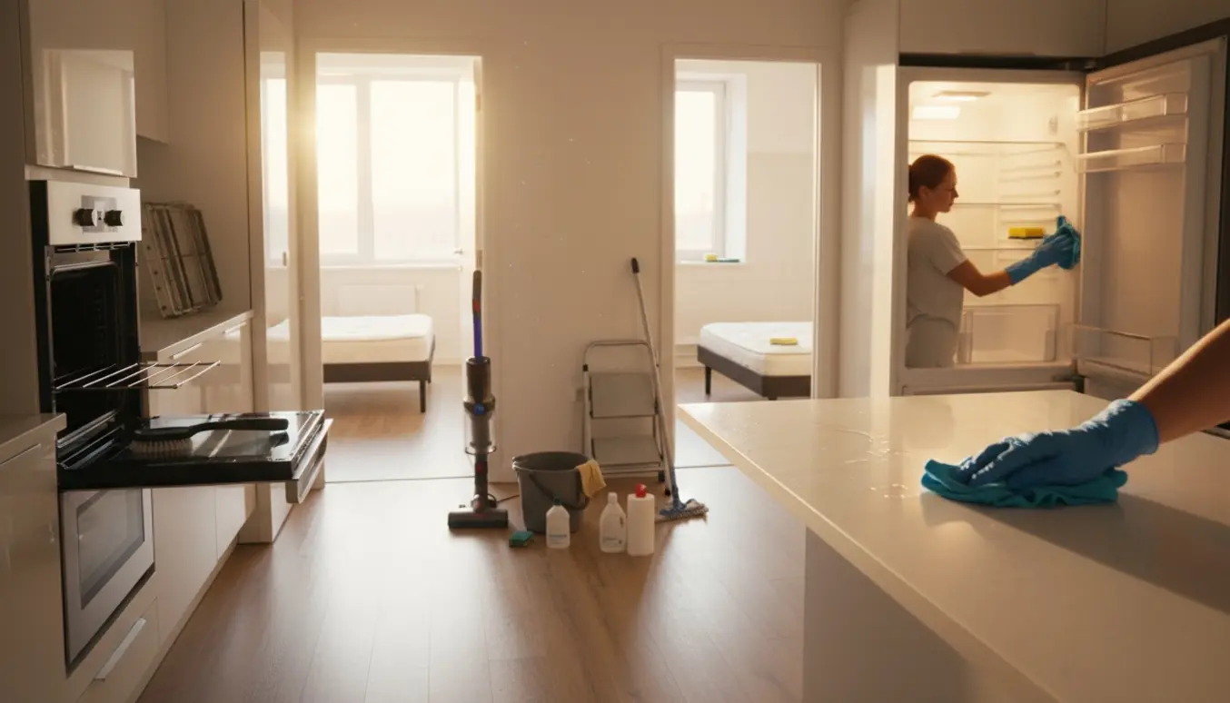 Hænder i handsker rengør ovn og køleskab i et lyst, ryddeligt fraflytningsklar lejlighedskøkken.