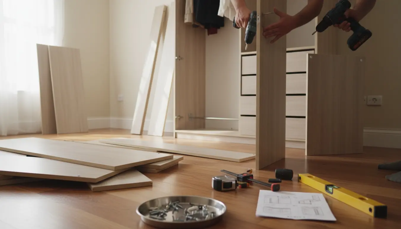 Nærbillede af montering af et brugt, stort tøjskab med paneler og værktøj i et lyst rum.