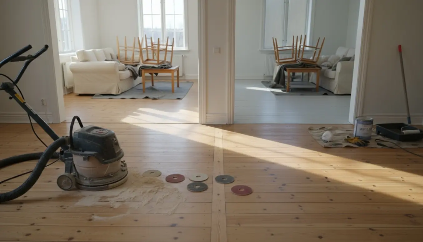 Fyrretræsgulv i to sammenhængende rum under afslibning med slibemaskine og delvist hvidludet finish.