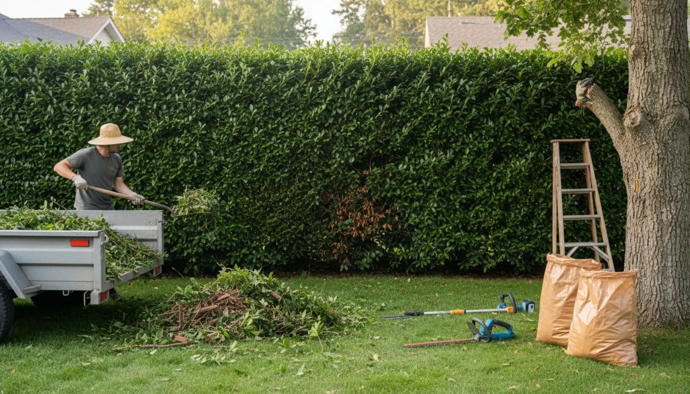 Nyklippet stedsegrøn hæk med afklip i trailer og en knækket gren, der er ved at blive fjernet.