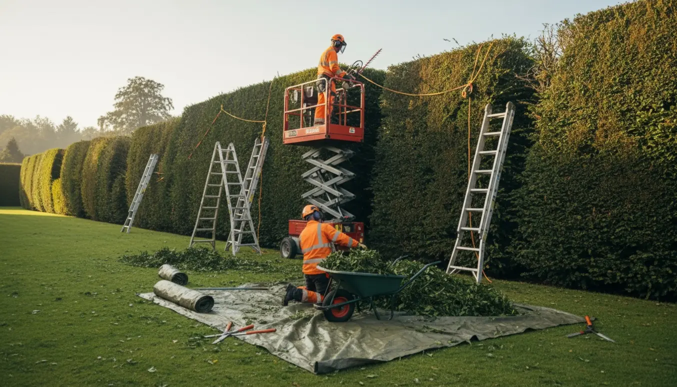 Arbejdere trimmer en meget høj og bred hæk fra en lift, med afklip samlet på presenninger.