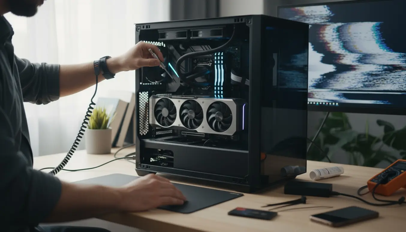 Nærbillede af åbent PC-kabinet med højtydende hardware og hænder, der udfører fejlsøgning.