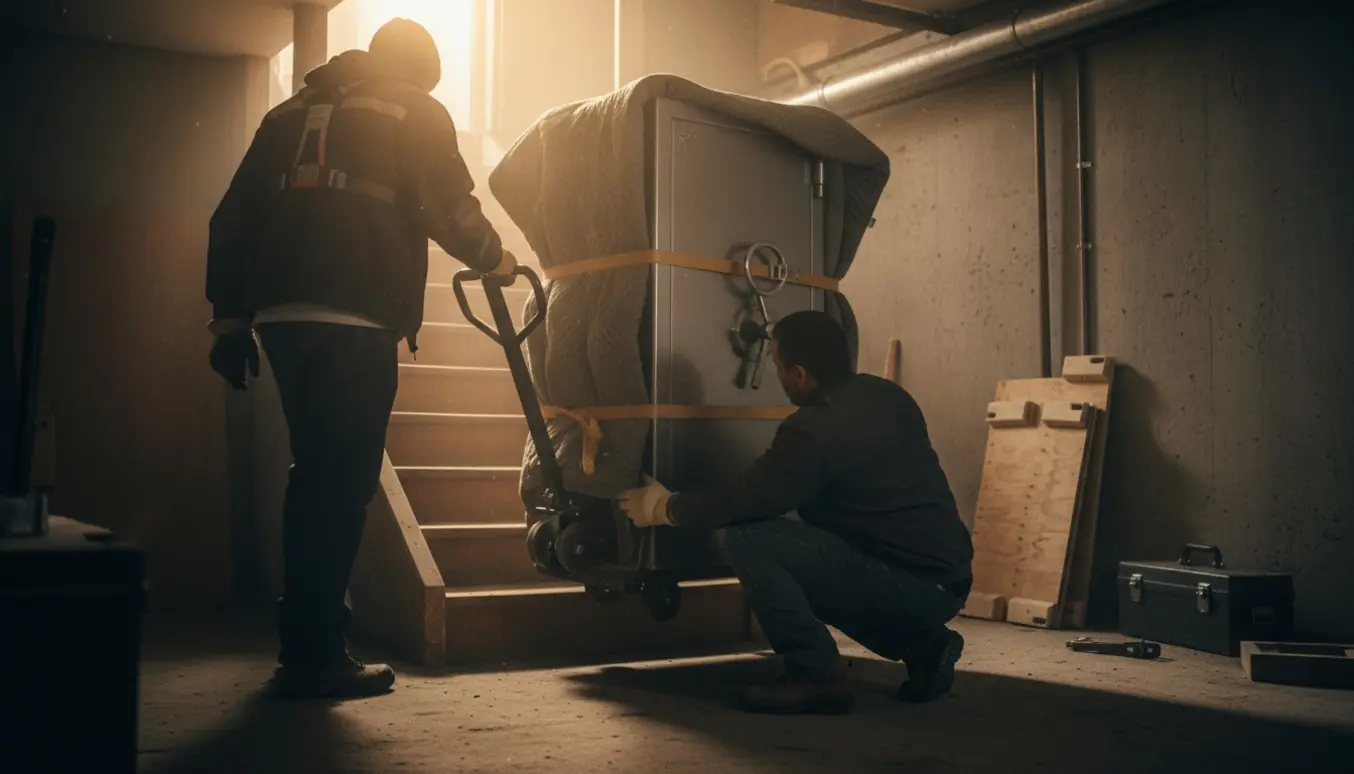To flyttemænd flytter et tungt pengeskab op ad en trappe fra kælderen til stueetagen med dolly og flyttetæpper.