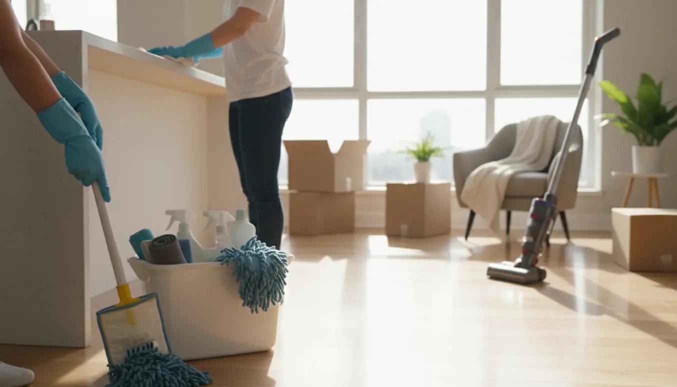 Lys, nyligt indflyttet lejlighed med flyttekasser i baggrunden og hænder, der rengør gulv og køkkenbord.