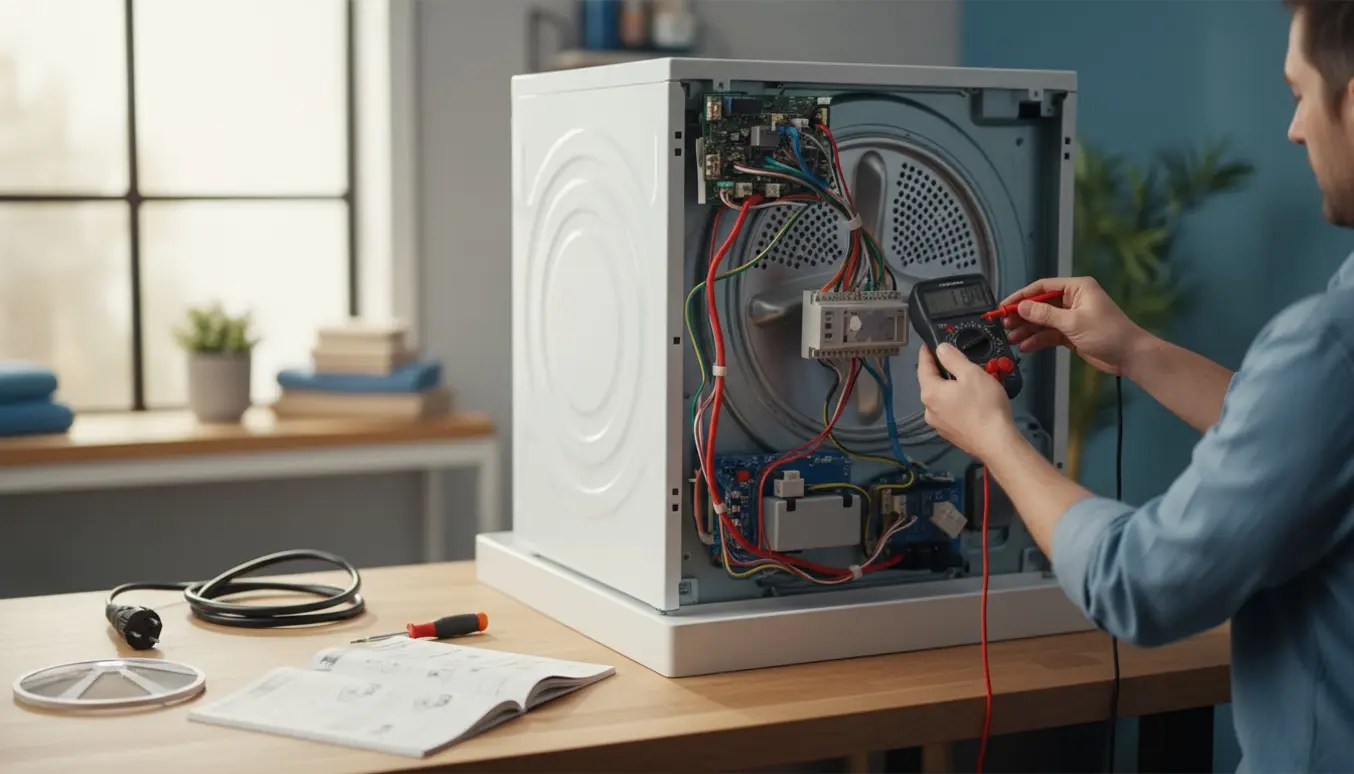 Hænder tester en tørretumbler med multimeter i et lyst vaskerum.