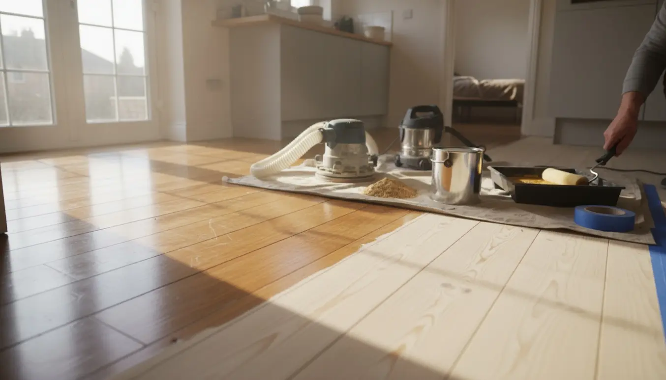 Delvist slebet plankegulv med slibemaskine, lakdåse, rulle og afdækning i et lyst rækkehusrum.