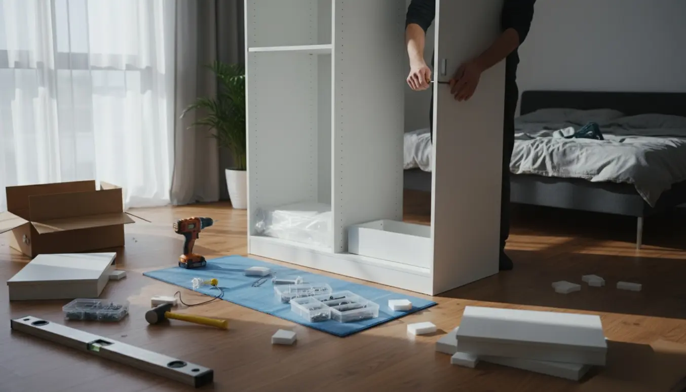 Halvfærdigt hvidt PAX-garderobeskab i en lys bolig med værktøj og hænder i gang med montering.