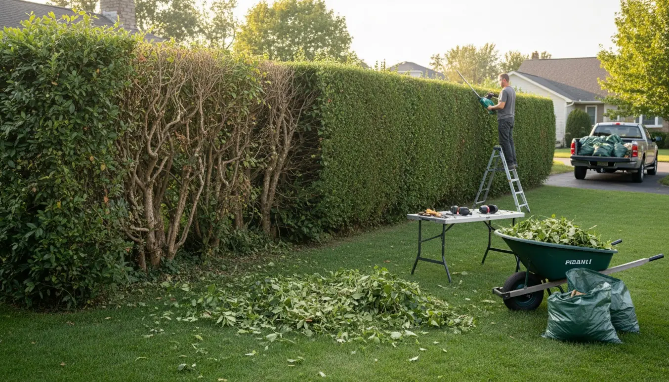 Lang hæk delvist klippet ned med havearbejder set bagfra og grønne afklip i trillebør klar til bortkørsel.