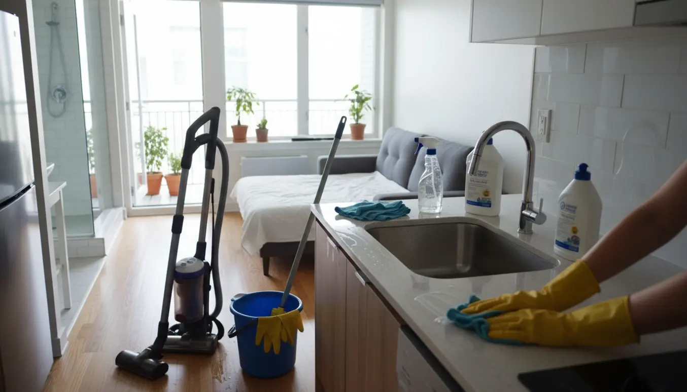 Rengøringsudstyr og nypudsede overflader i en lys lejlighed klar til udflytningsrengøring.