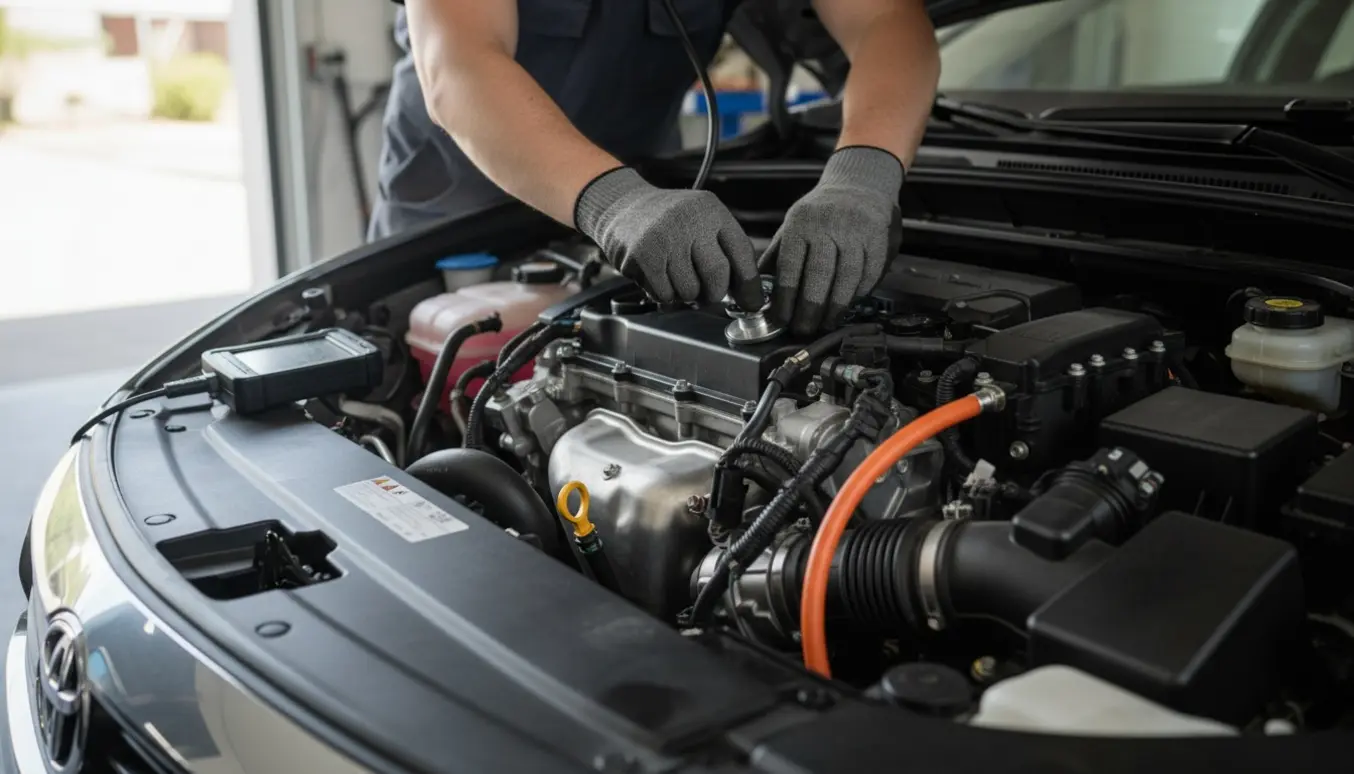 Nærbillede af arbejdshænder, der bruger stetoskop på en åben hybridbilsmotor med synlig orange højvoltledning.