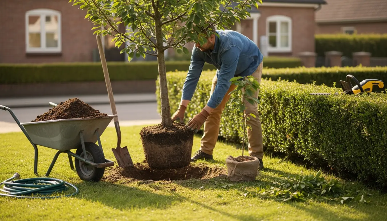 Hænder planter et nyt kirsebærtræ foran huset med en nyplantet pot, skovl og nyklippet hæk i baggrunden.