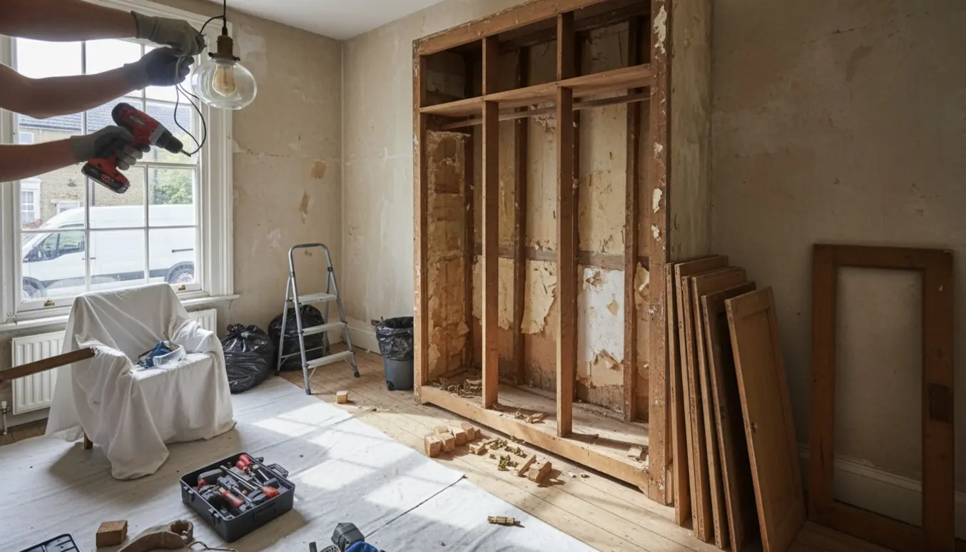 Hænder fjerner et indbygget skab i et gammelt værelse, med værktøj, poser til affald og en loftslampe ved at blive monteret.