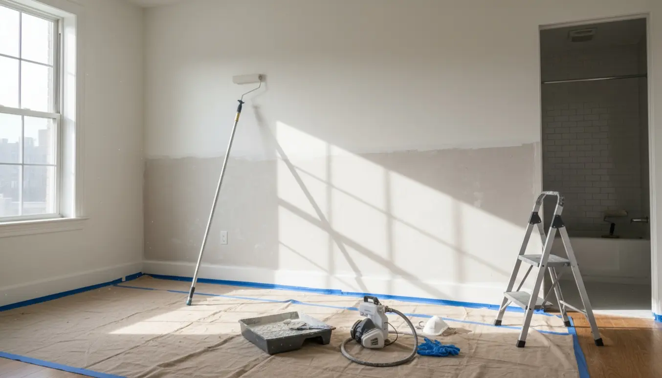Indendørs billede af vægge under malerarbejde med malerudstyr og afdækket gulv.