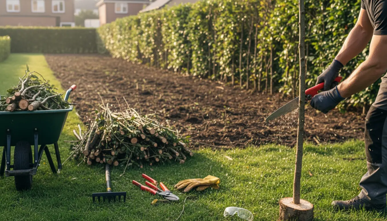 Nærbillede af haveredskaber og handsker mens små træer saves væk fra en hæk.