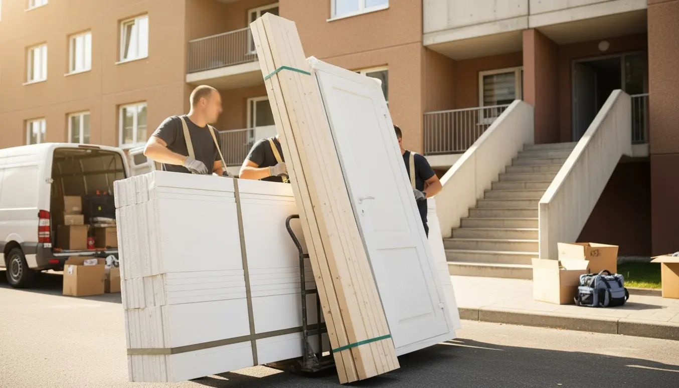 Materialer som gipsplader, træreglar og en inderdør bæres ind i en opgang på vej op mod 4. sal.