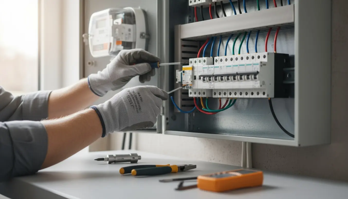 Hænder tilslutter en ny gruppeafbryder og HFI-relæ i en åben eltavle.