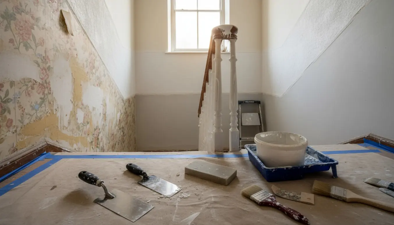 Trappeopgang under renovering med spartlede vægge, afdækning, malergrej og nymalede gelænderdetaljer.