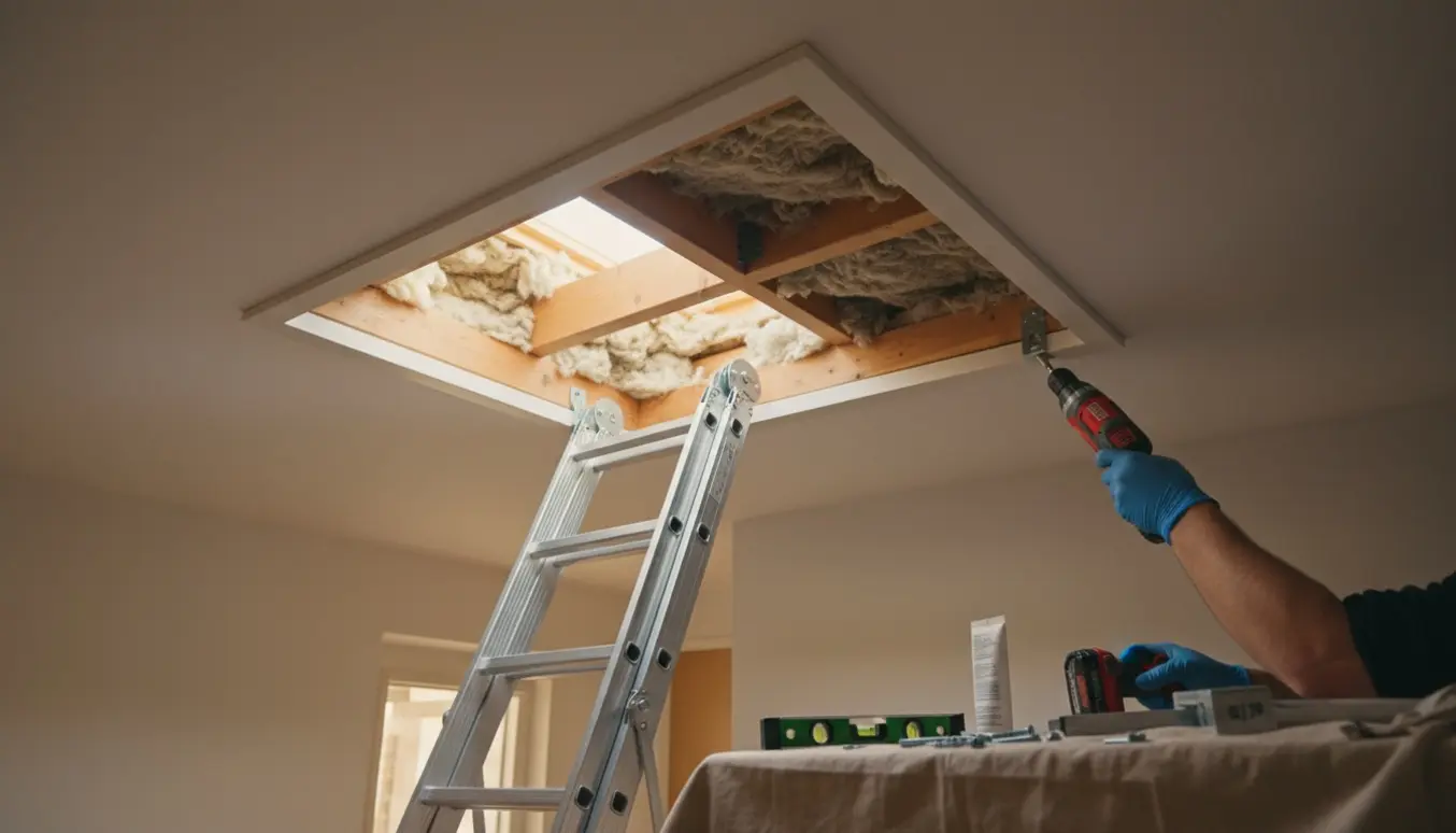 Ny velisoleret loftslem med udtrækkelig stige installeres af en håndværker i et lyst rum.