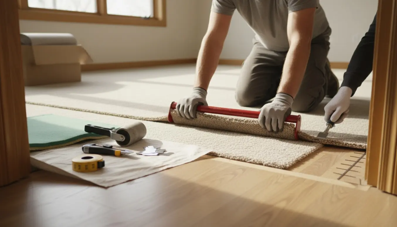 Håndværker strækker og monterer et lysebrunt gulvtæppe i et solbeskinnet mellemstort værelse.