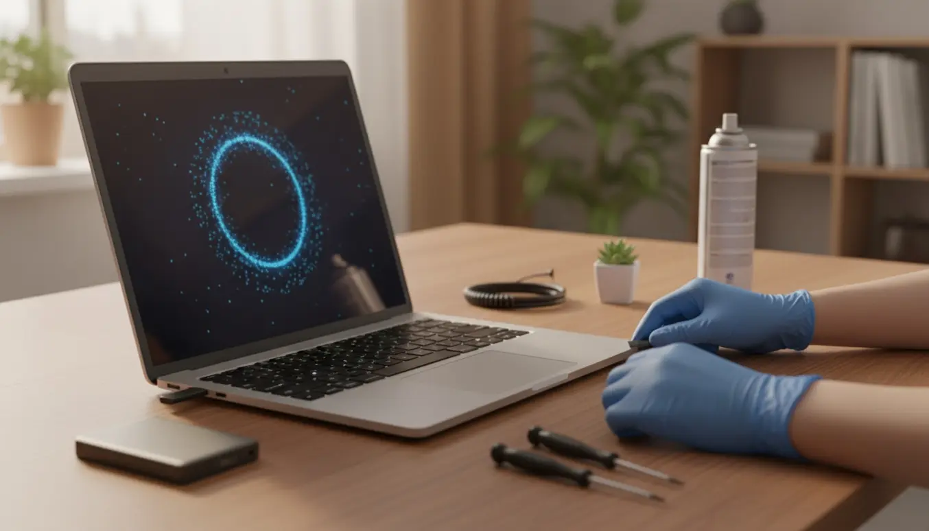 Hænder indsætter en USB-installationsenhed i en åben bærbar computer mens skærmen viser en abstrakt virusscanning.