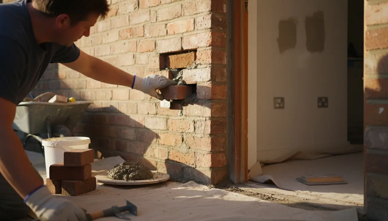 Hænder murer et hul i en rød ydermur med frisk mørtel, og man kan lige ane pudsearbejde inde i huset.