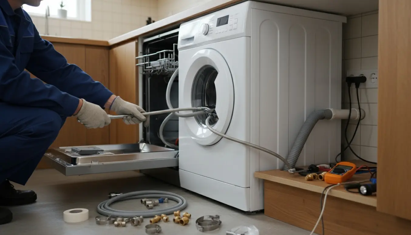 Tekniker tilslutter vand- og el-forbindelser på en opvaskemaskine og vaskemaskine under køkkenbordet.