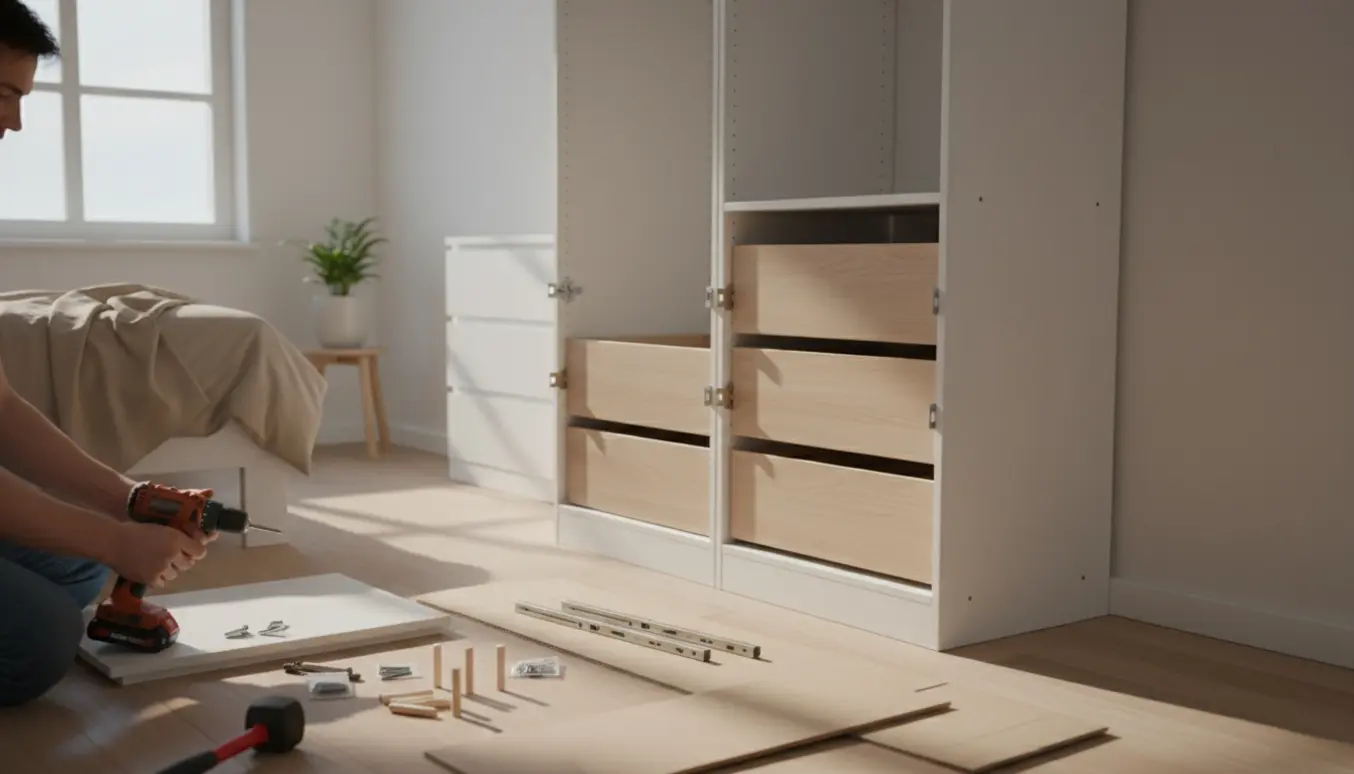 Delvis samlet PAX-garderobe med hylder og skuffer, hænder monterer fittings i et lyst værelse.